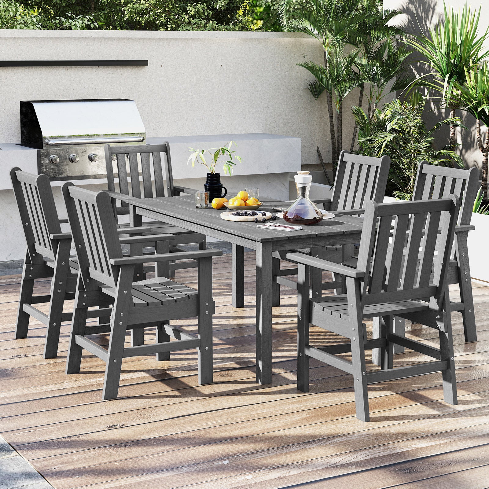 HDPE Outdoor Dining Table for 6 Person with Wood-Like Tabletop and Umbrella Hole