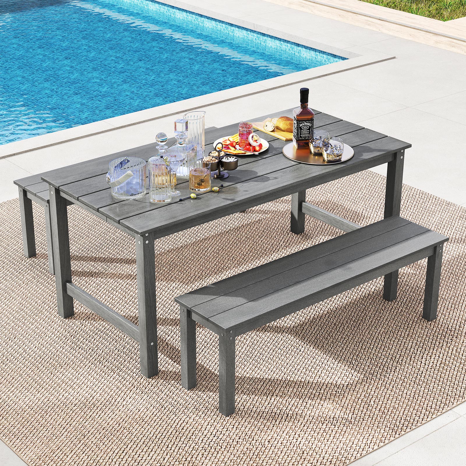 HDPE Outdoor Dining Table for 6 Person with Wood-Like Tabletop and Umbrella Hole