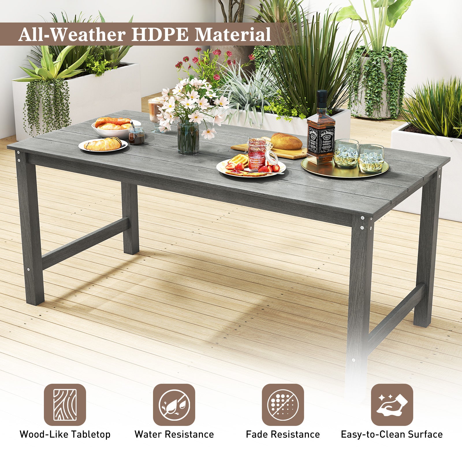 HDPE Outdoor Dining Table for 6 Person with Wood-Like Tabletop and Umbrella Hole