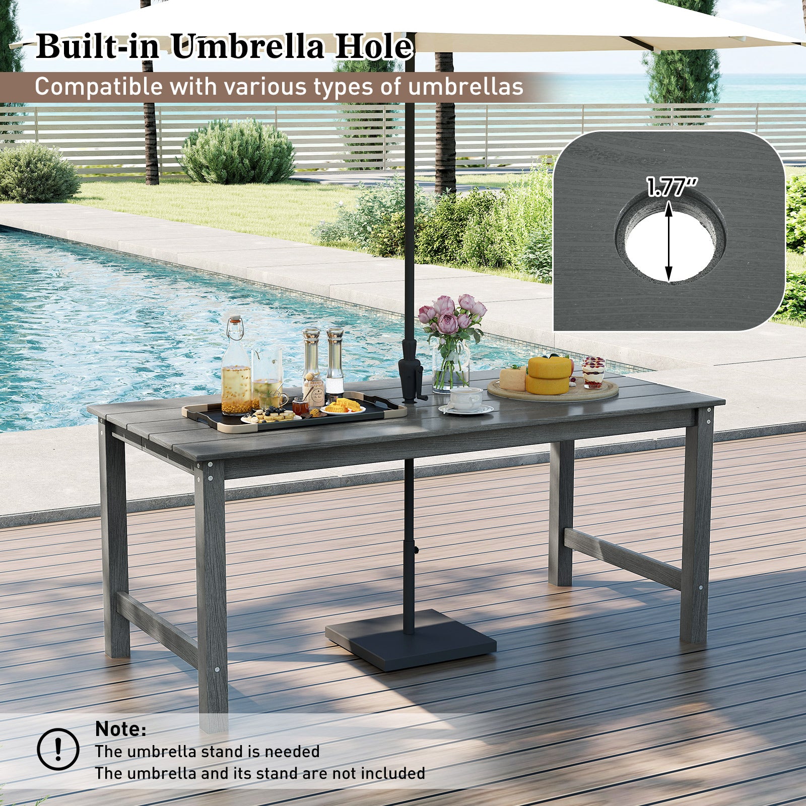 HDPE Outdoor Dining Table for 6 Person with Wood-Like Tabletop and Umbrella Hole