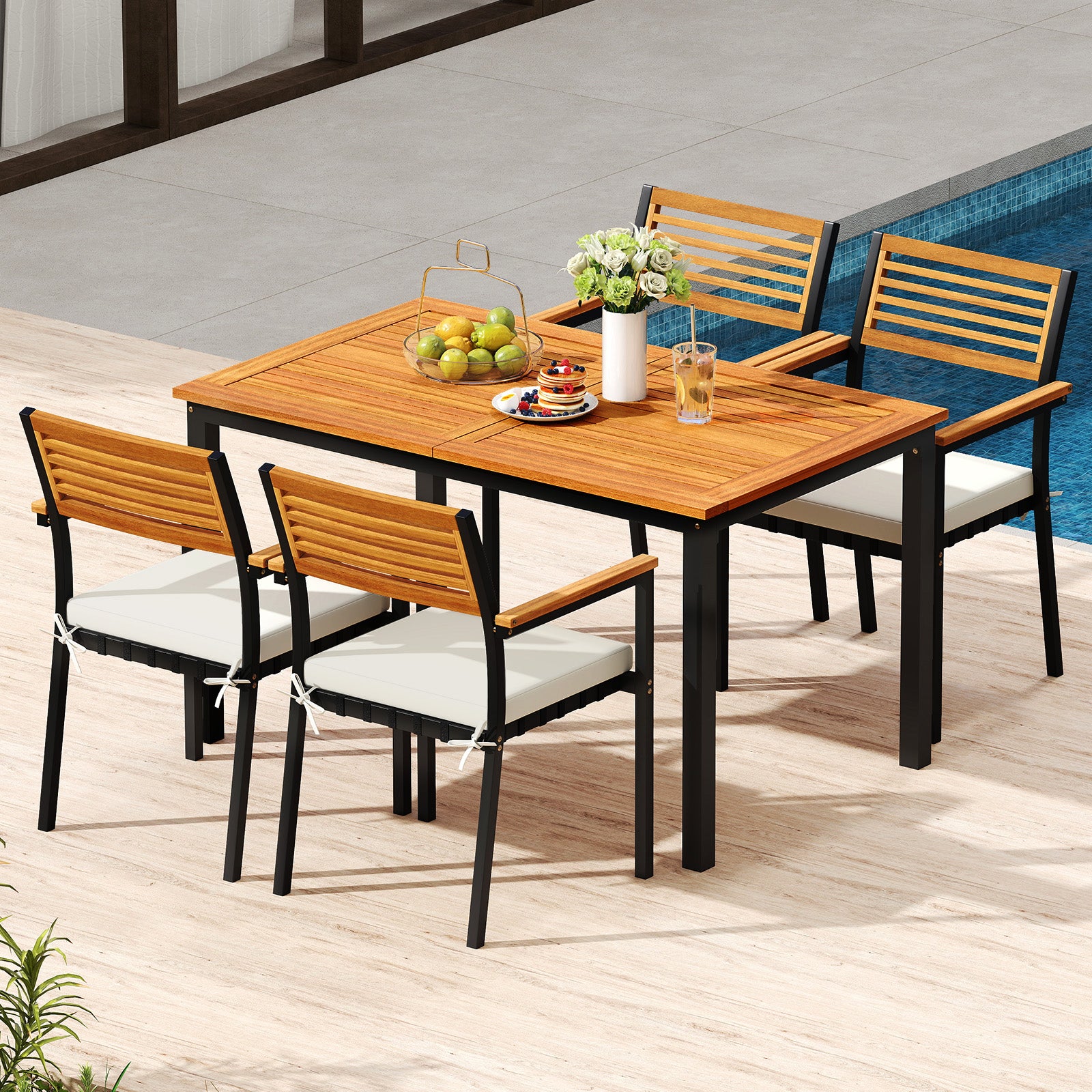 7-Piece Patio Dining Set Wood Metal with Seat Cushions and Umbrella Hole
