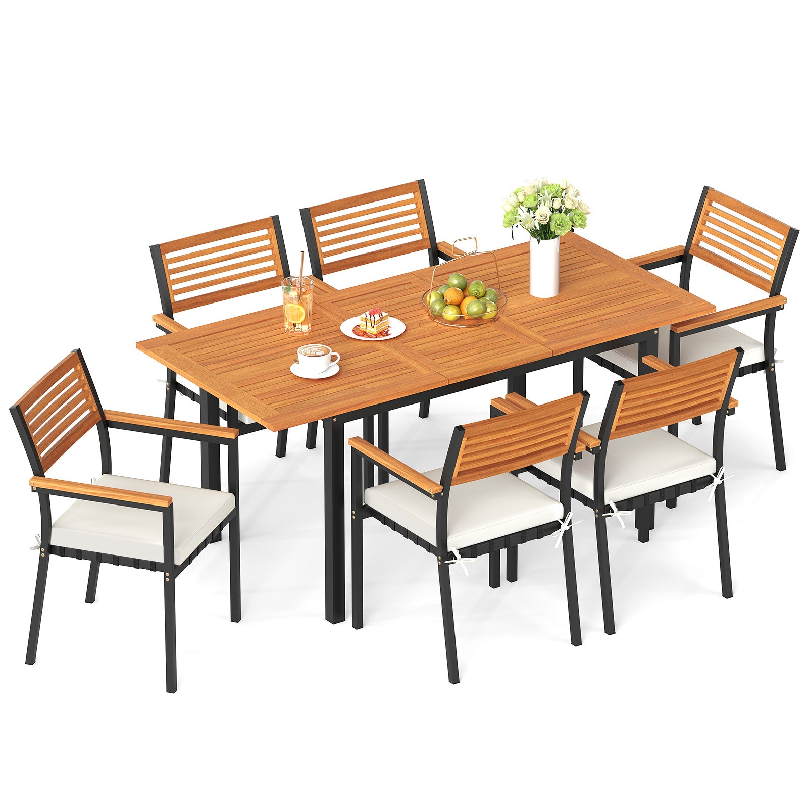 7-Piece Patio Dining Set Wood Metal with Seat Cushions and Umbrella Hole