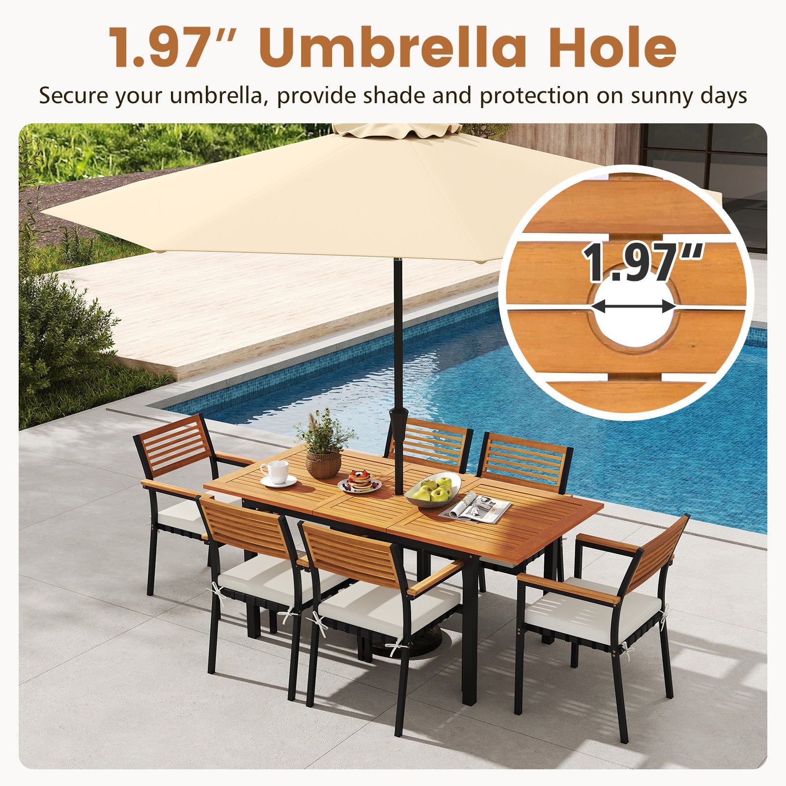 7-Piece Patio Dining Set Wood Metal with Seat Cushions and Umbrella Hole