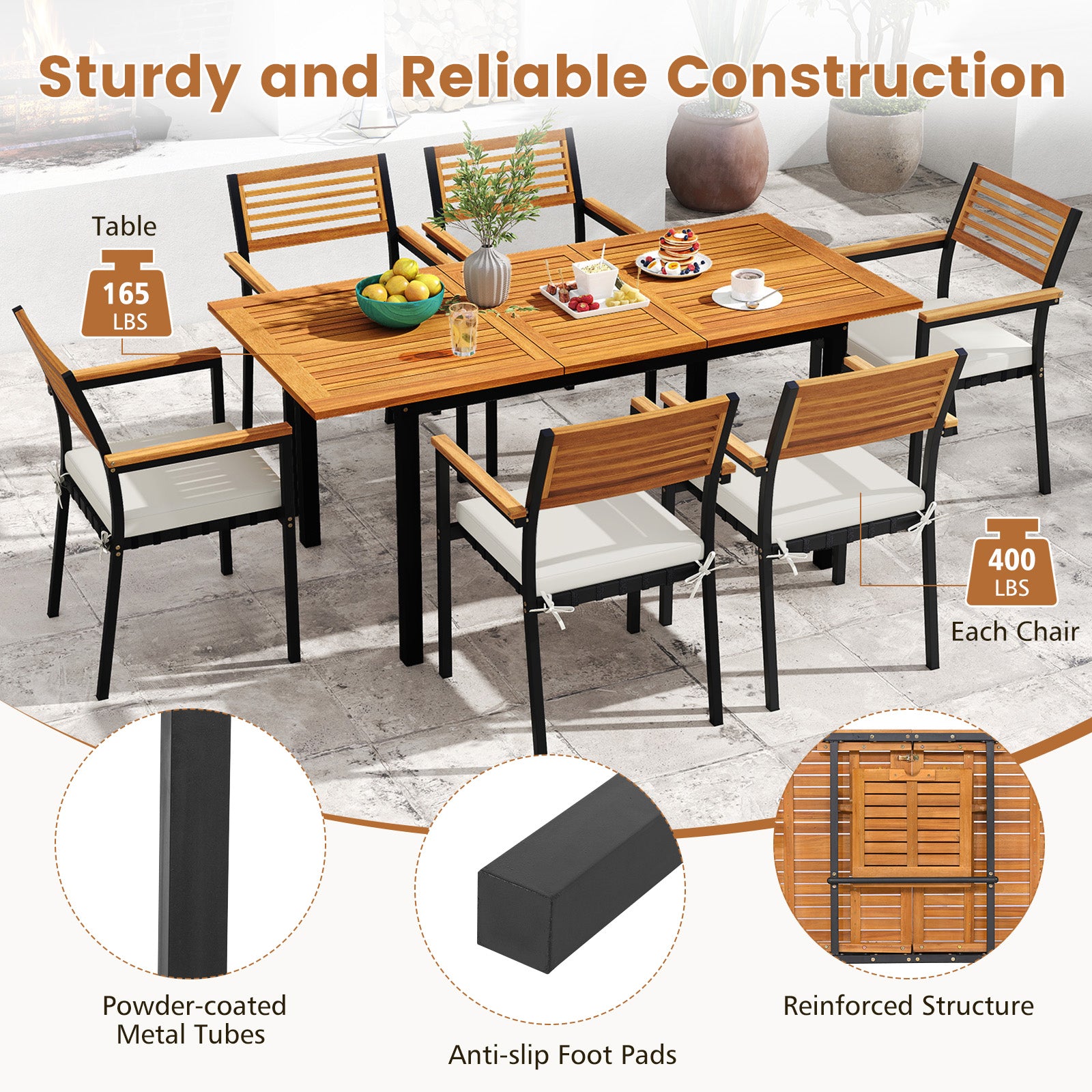 7-Piece Patio Dining Set Wood Metal with Seat Cushions and Umbrella Hole