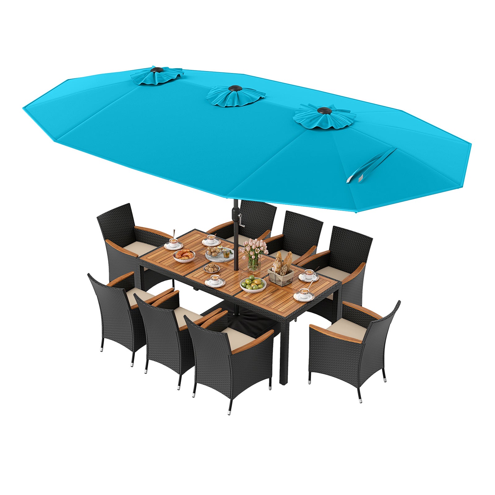 10 Piece Outdoor Dining Set with 15 Feet Double-Sided Twin Umbrella