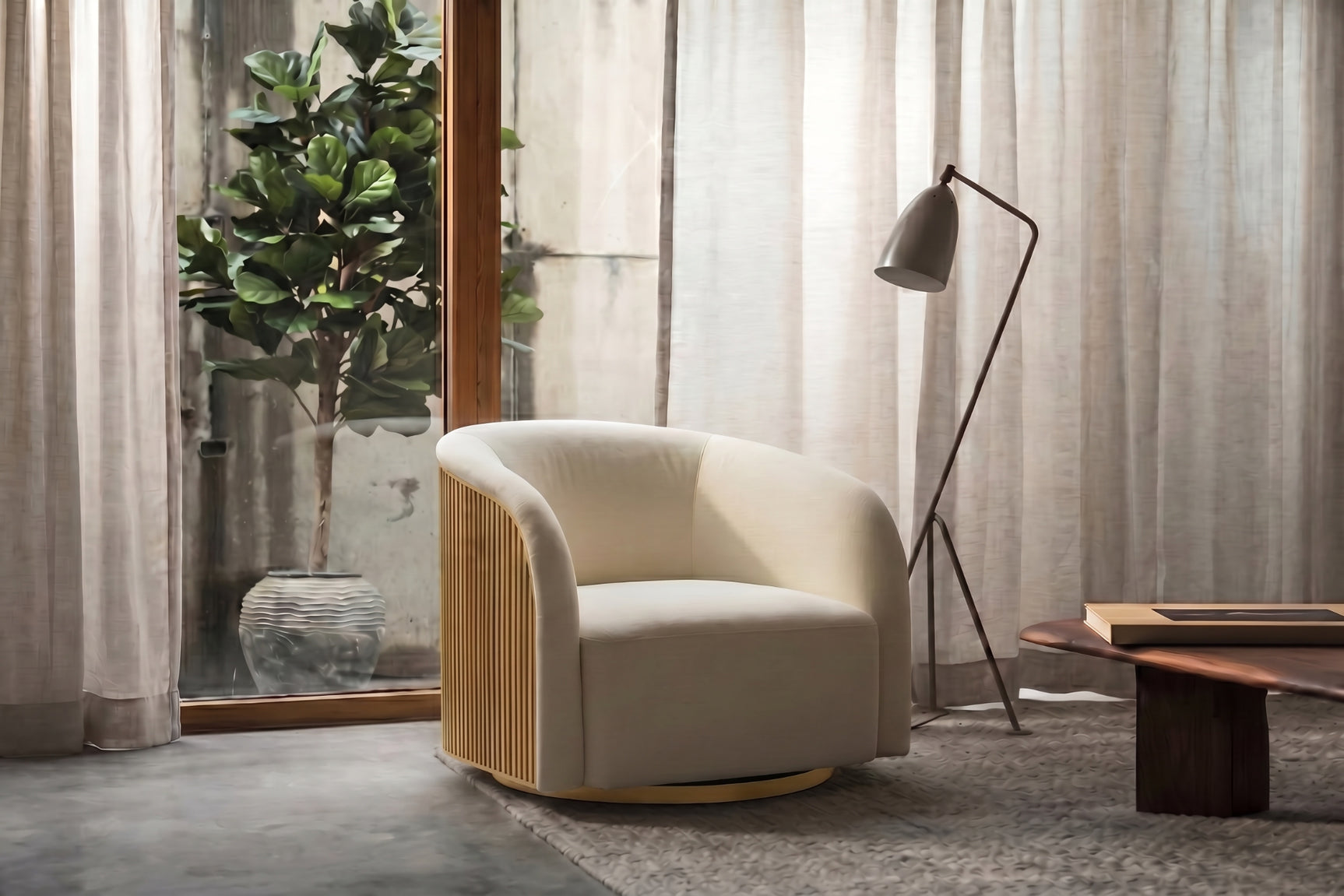Rowan Oak Wood Fabric Swivel Chair