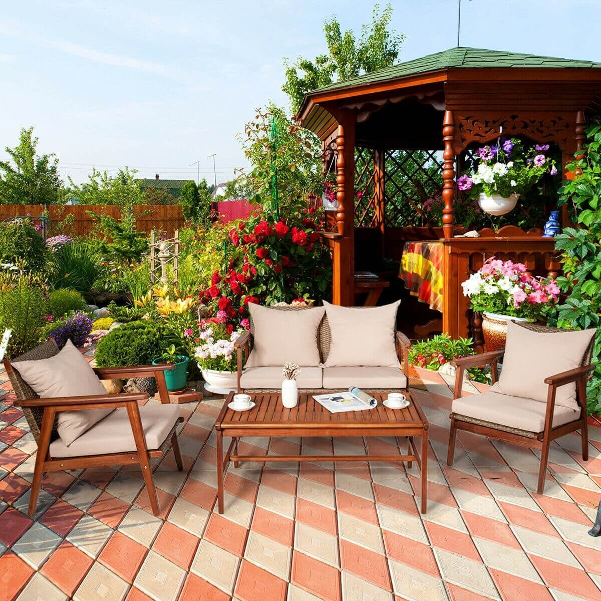4 Piece Acacia Wood Patio Rattan Furniture Set