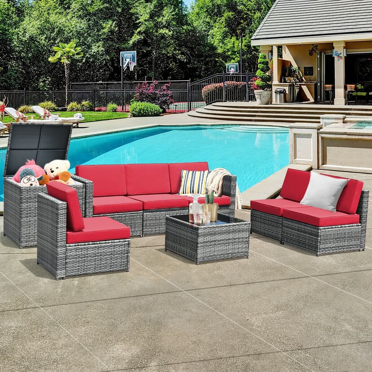 8 Piece Wicker Sofa Rattan Dinning Set Patio Furniture with Storage Table