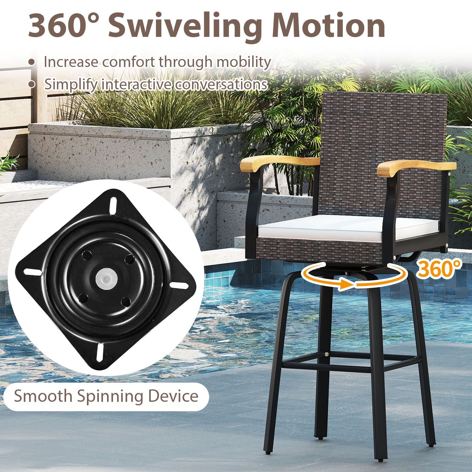 Set of 4 Outdoor 360° Swivel Bar Stool with Cushion and Acacia Wood Armrests