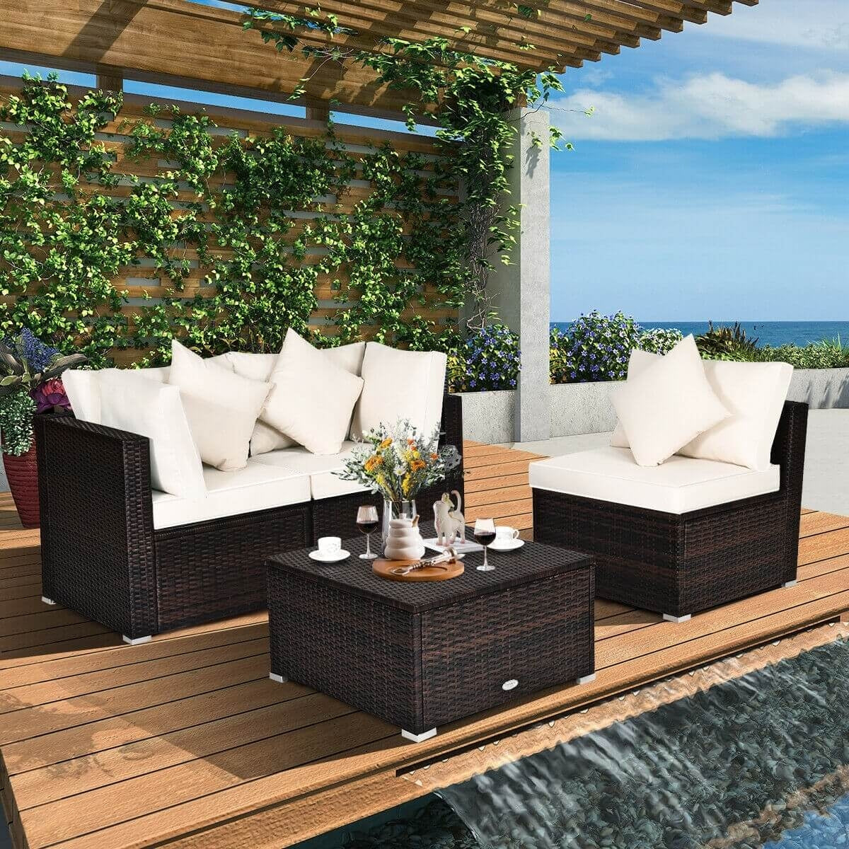 4 Pieces Ottoman Garden Patio Rattan Wicker Furniture Set with Cushion