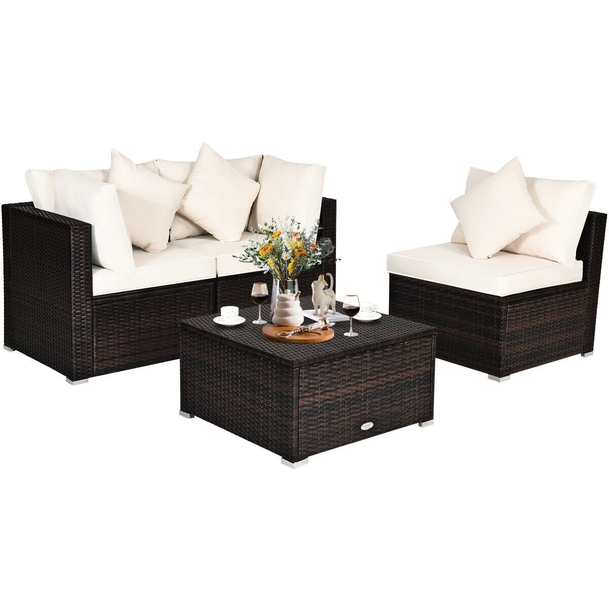 4 Pieces Ottoman Garden Patio Rattan Wicker Furniture Set with Cushion