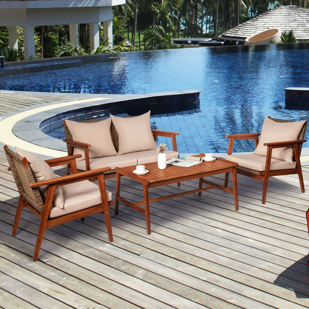 4 Piece Acacia Wood Patio Rattan Furniture Set
