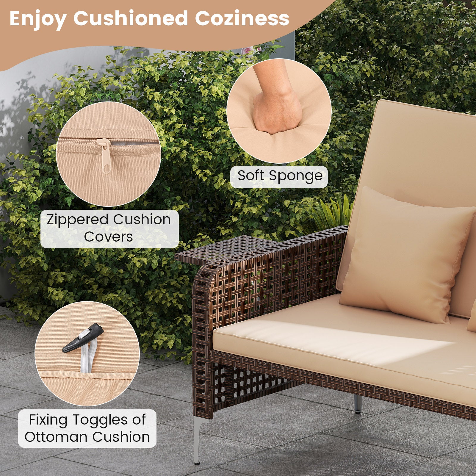 2 Piece Patio Rattan Daybed Wicker Loveseat and Ottoman with Adjustable Backrest