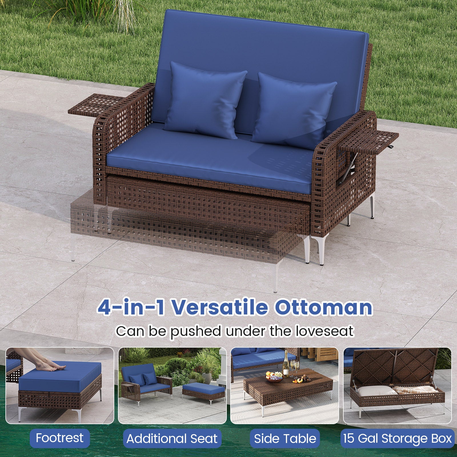 2 Piece Patio Rattan Daybed Wicker Loveseat and Ottoman with Adjustable Backrest