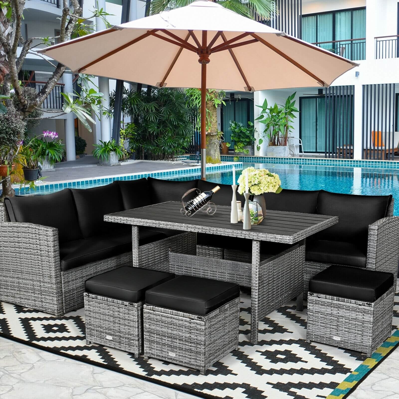 7 Pieces Patio Rattan Dining Furniture Sectional Sofa Set with Wicker Ottoman