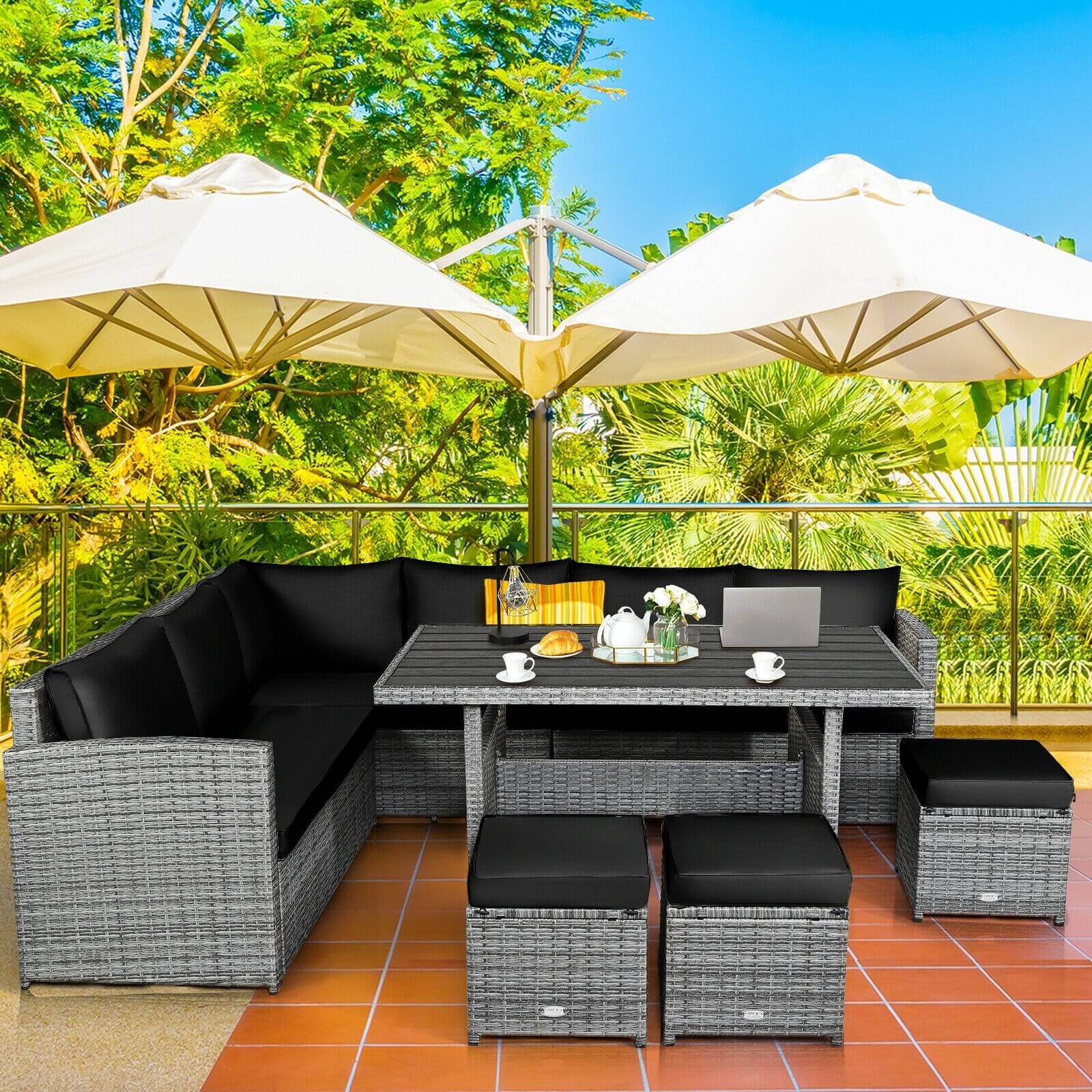 7 Pieces Patio Rattan Dining Furniture Sectional Sofa Set with Wicker Ottoman