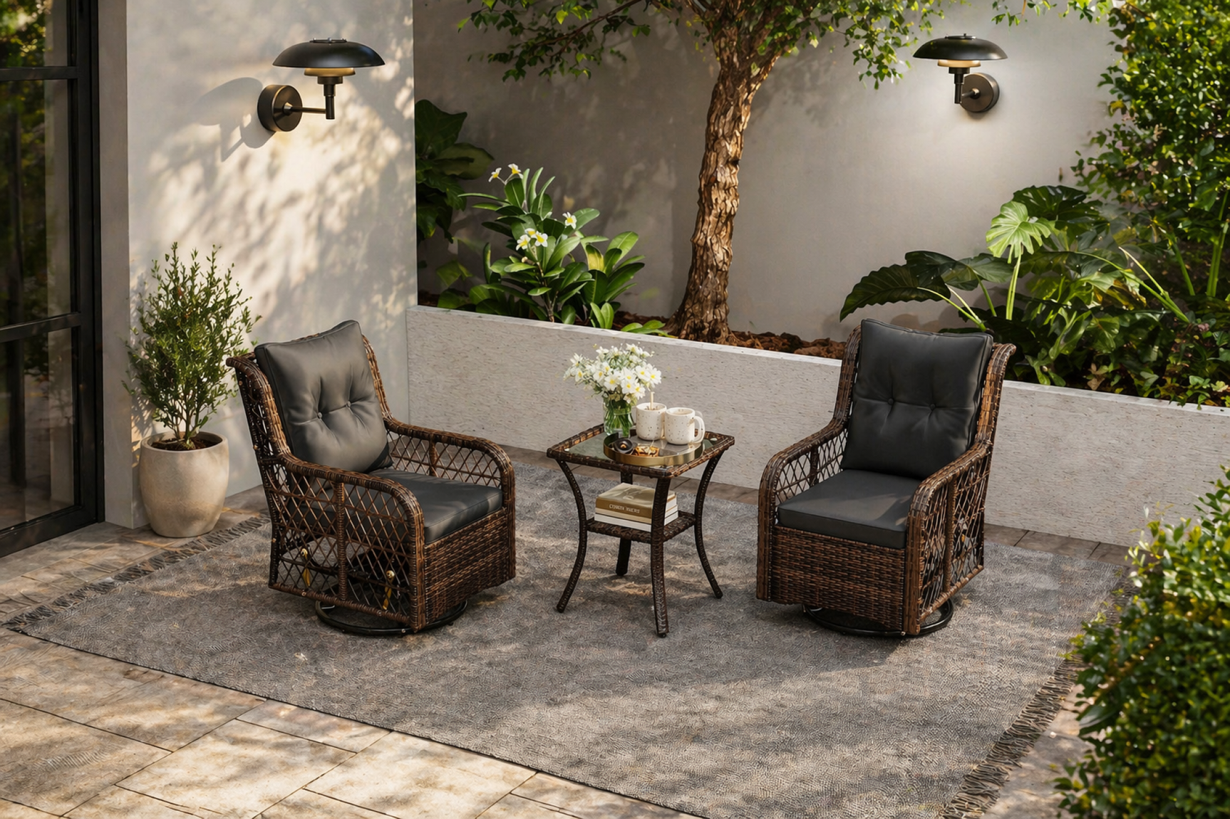3 Pieces Patio Furniture Set PE Wicker Swivel Glider Chairs with 2-Tier Side Table and Cushions