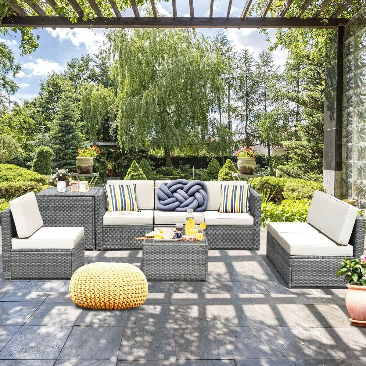 8 Piece Wicker Sofa Rattan Dinning Set Patio Furniture with Storage Table