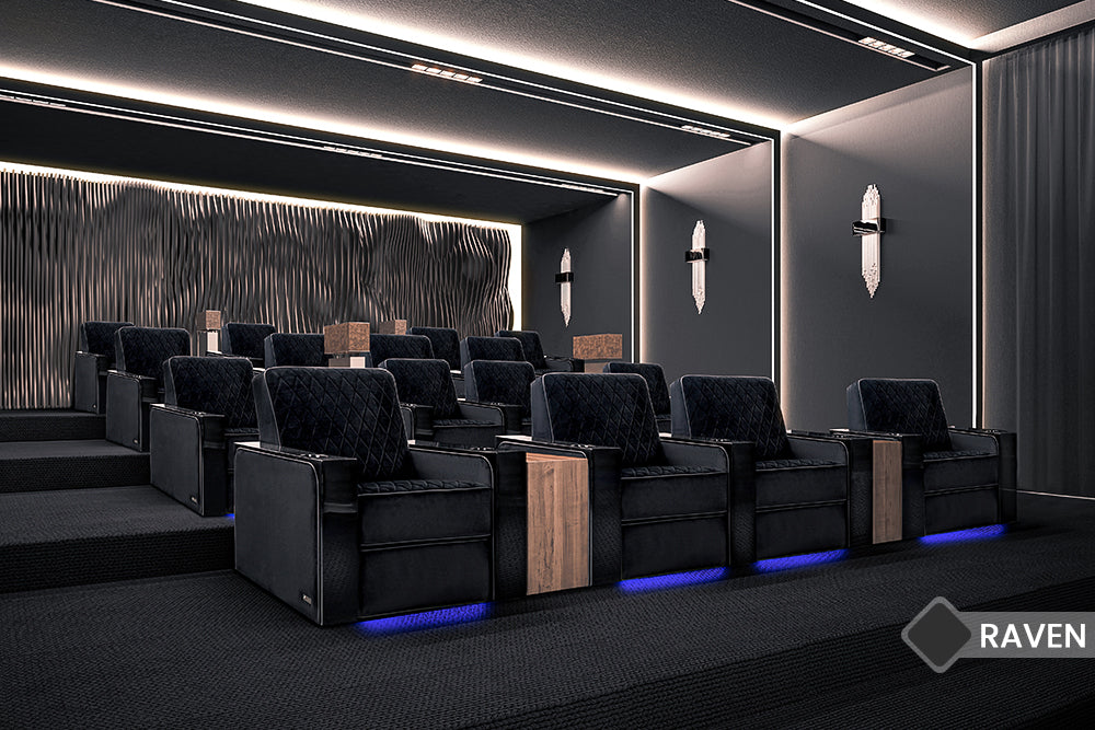 In A Movie Theater, There is Left Angled Front View of A  Lot of Luxurious, Raven, Piano Black Wood Frame, Naples Prestige Italian Leather Chair.