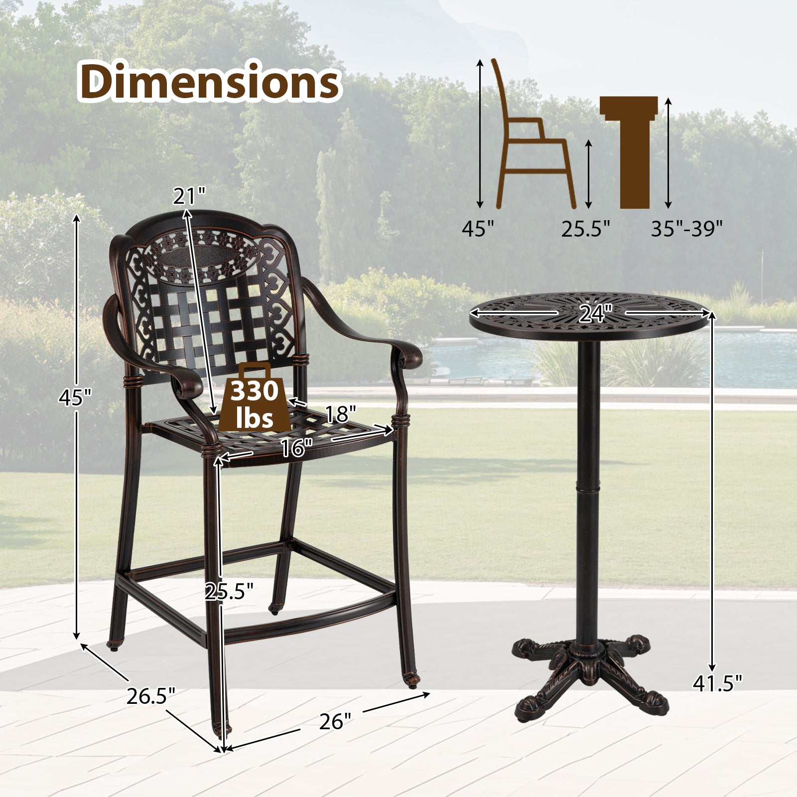 3 Piece Patio Bar Set Outdoor Cast Aluminum Round High Top Table 2 Counter Height Bar Stools