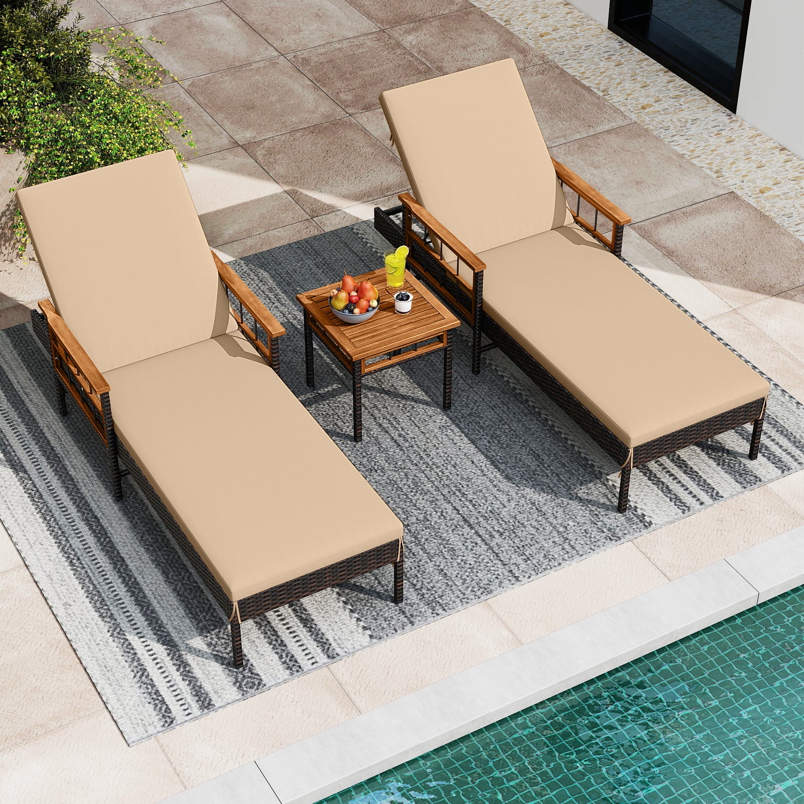 3 Pieces Patio Chaise Lounge Set for Poolside Backyard Porch
