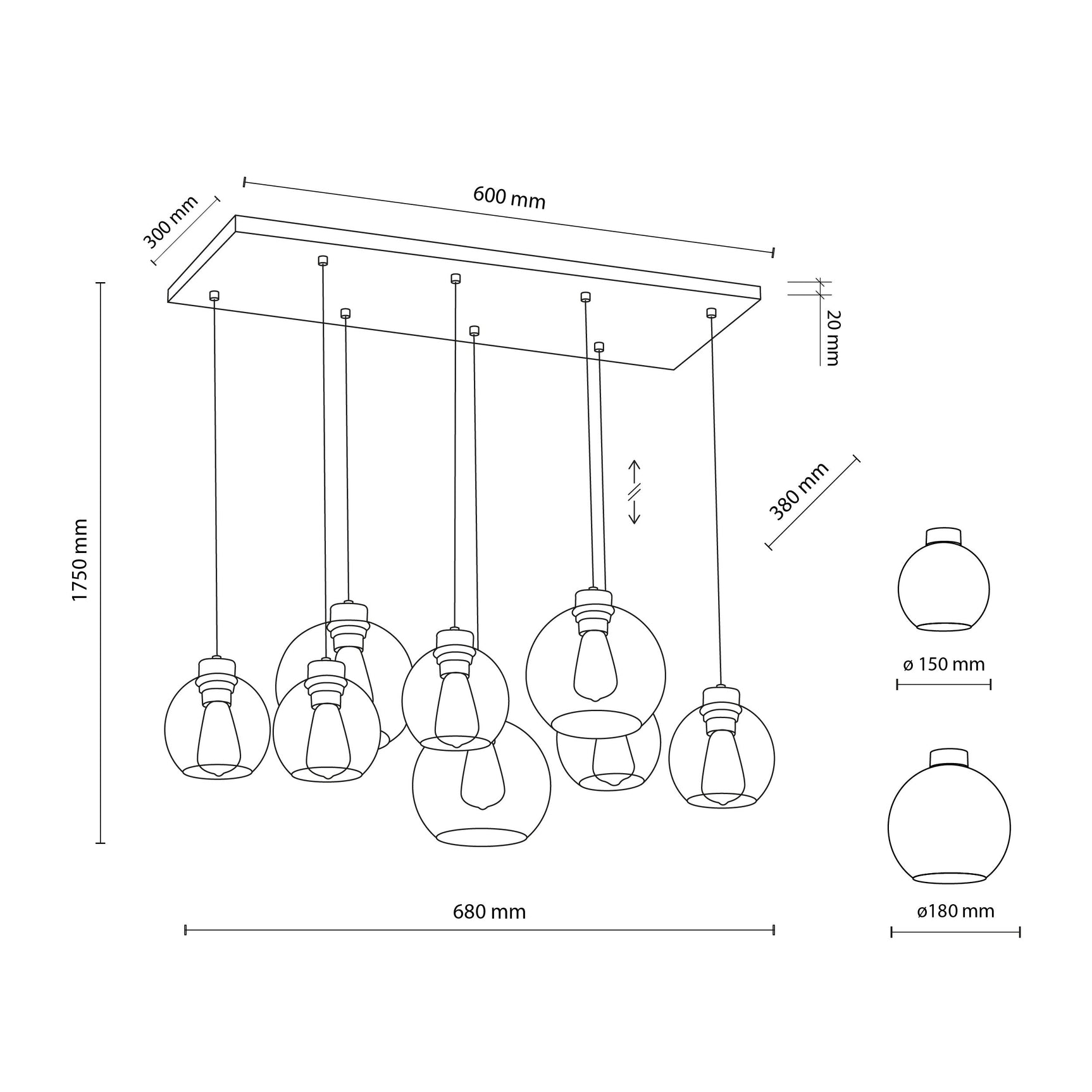 CUBUS Graphite Glass Scandinavian Pendant Light Fixture for Kitchen Island, Dining Room & Living Room (8-Light)