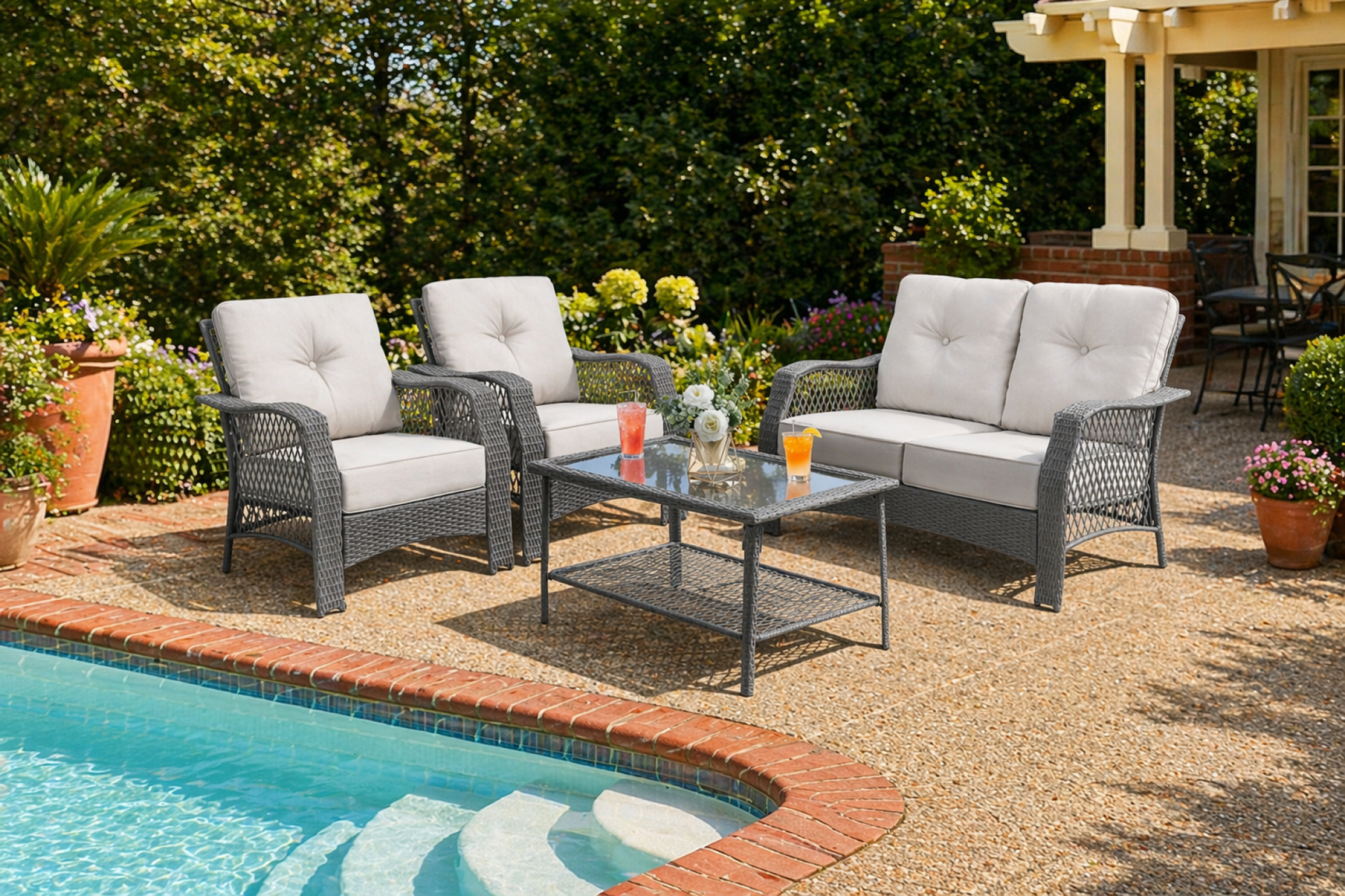 4 Pieces Patio Wicker Furniture Set Loveseat Sofa Coffee Table with Cushion