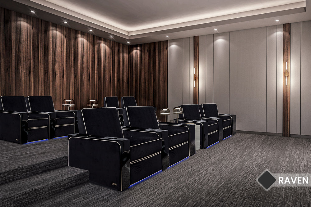 In A Movie Theater, There is Left Angled Front View of A Lot Luxurious, Midnight Black, Piano Black Wood Frame, Naples Elegance Italian Leather Chairs.