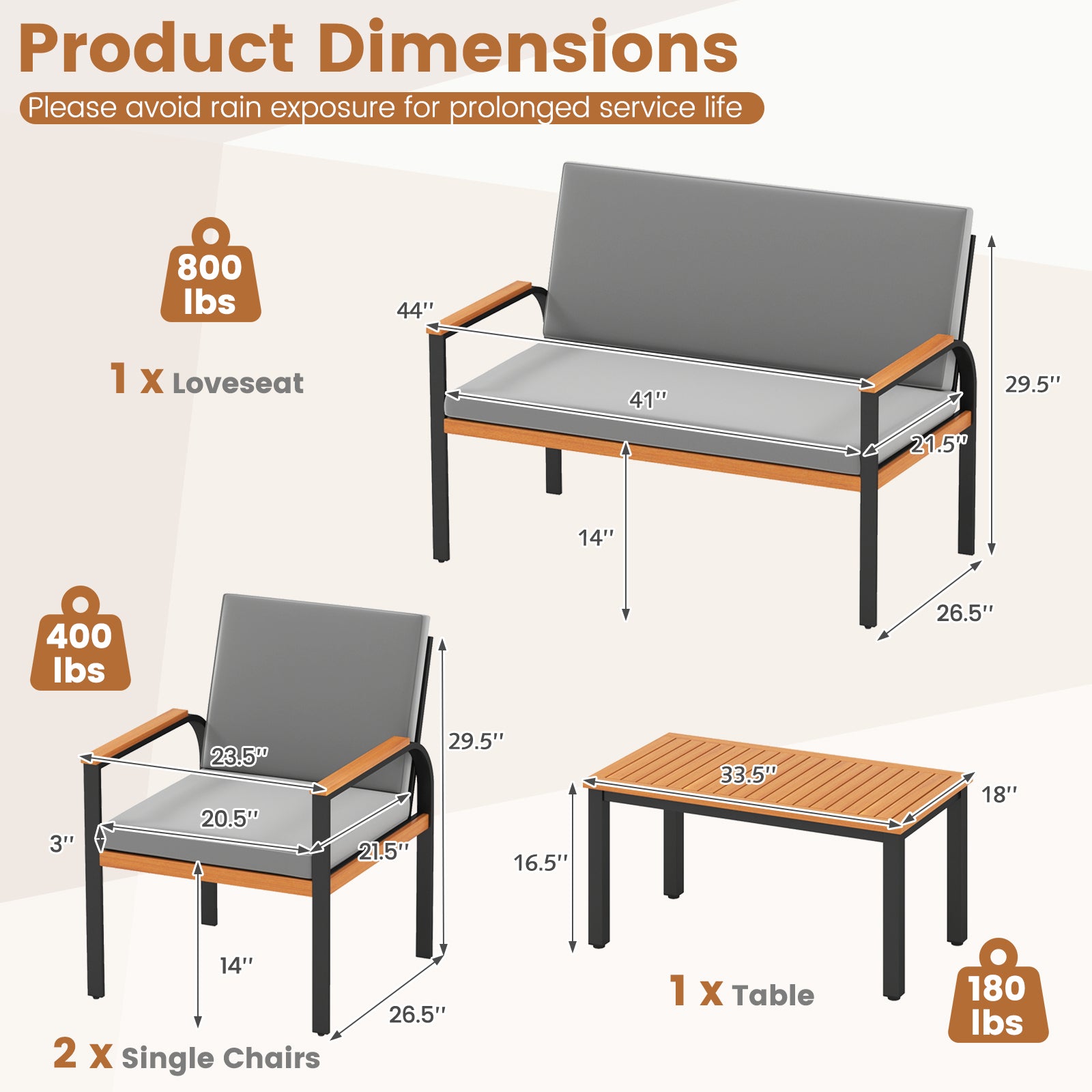 4 Piece Patio Furniture Set with Coffee Table and Loveseat with Removable Cushions