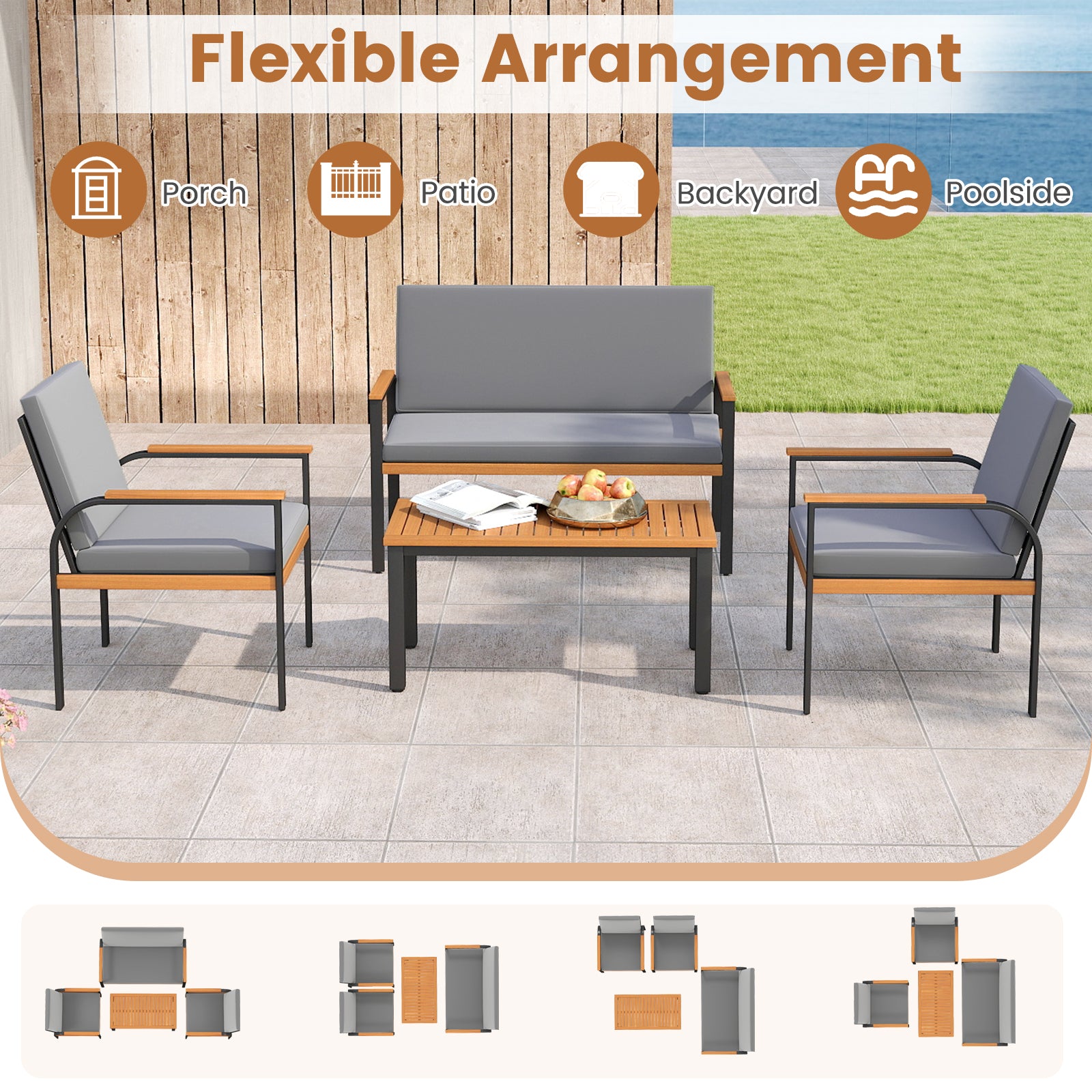 4 Piece Patio Furniture Set with Coffee Table and Loveseat with Removable Cushions