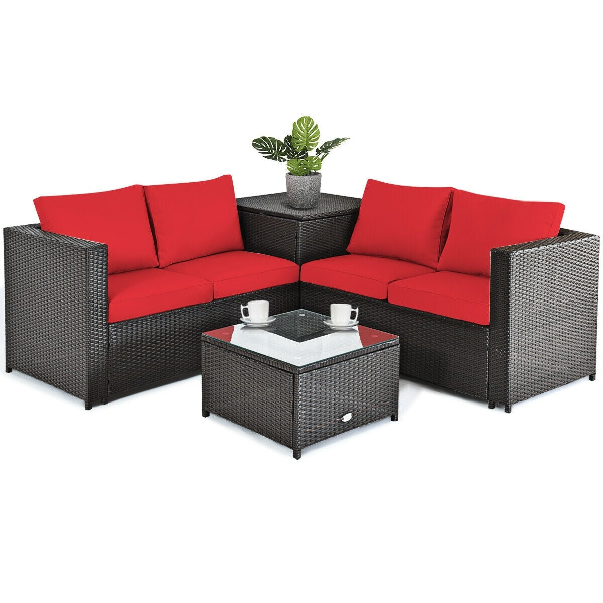 4 Pieces Outdoor Patio Rattan Furniture Set with Cushioned Loveseat and Storage Box