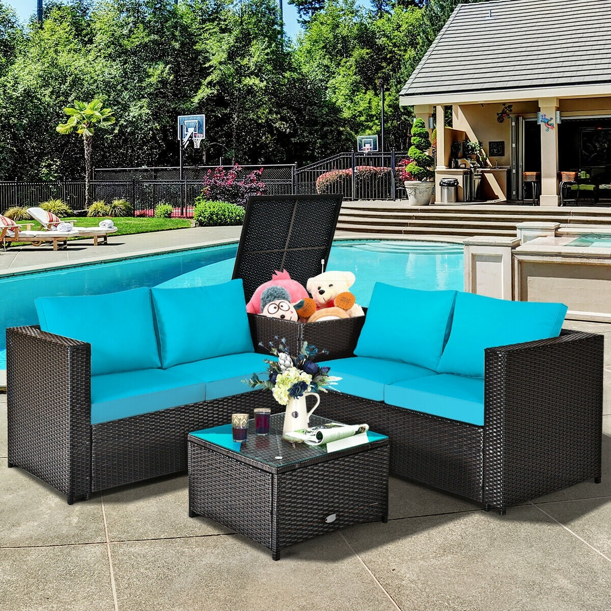 4 Pieces Outdoor Patio Rattan Furniture Set with Cushioned Loveseat and Storage Box