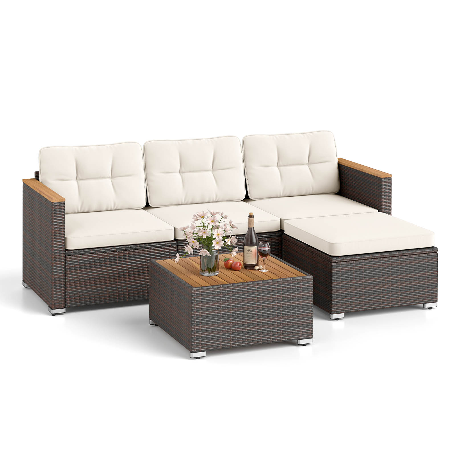5-Piece Wicker Conversation Set Rattan Set with Cushions and Coffee Table