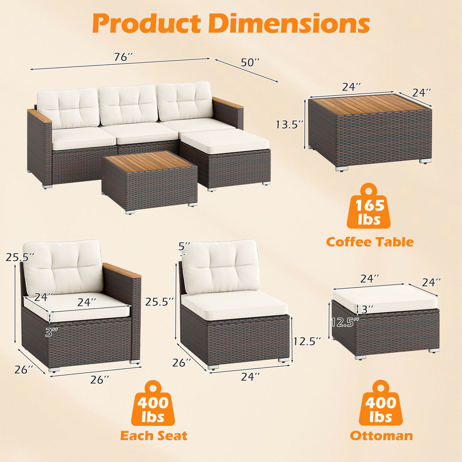 5-Piece Wicker Conversation Set Rattan Set with Cushions and Coffee Table