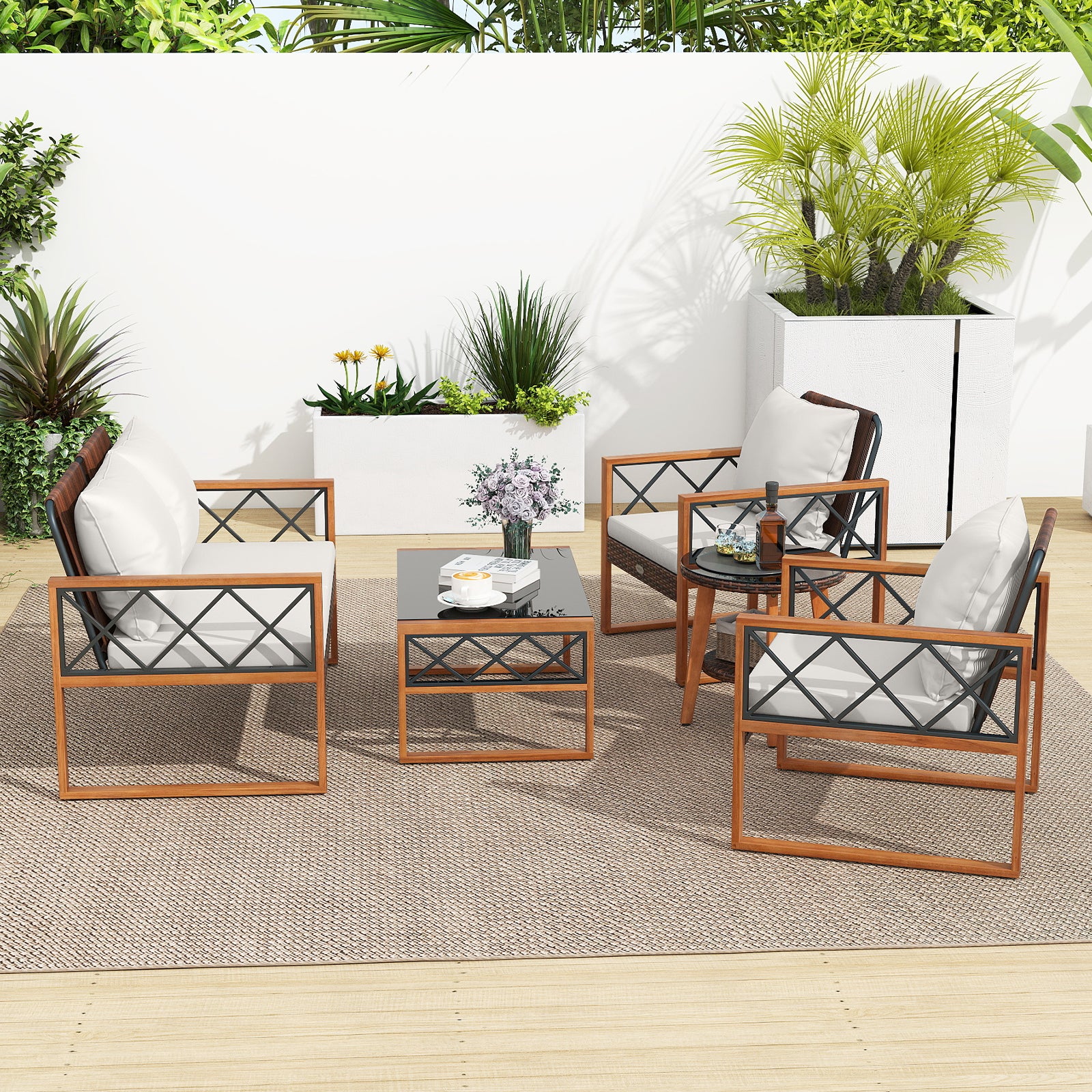 5 Pieces PE Wicker Patio Furniture Set with Acacia Wood Frame
