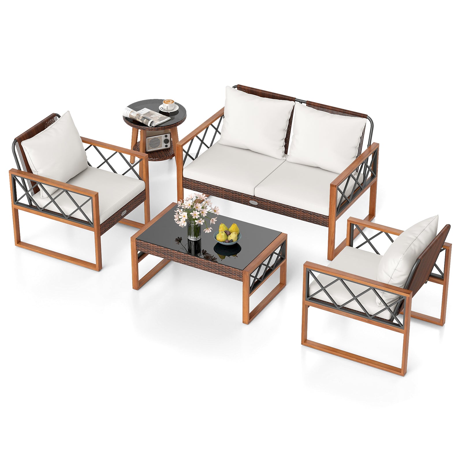 5 Pieces PE Wicker Patio Furniture Set with Acacia Wood Frame