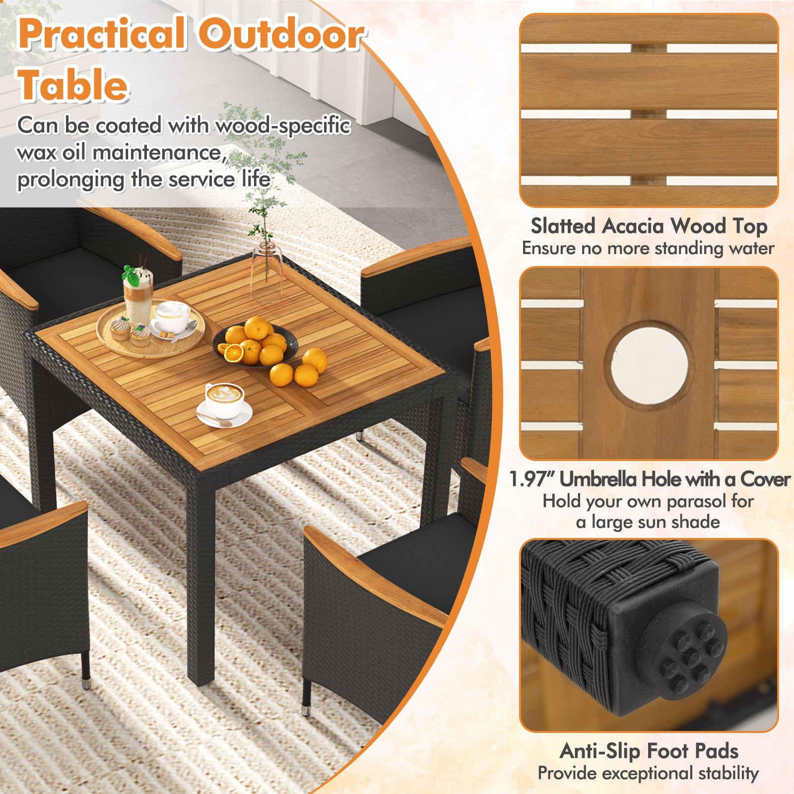 5 Pieces Patio Dining Table Set for 4 with Umbrella Hole