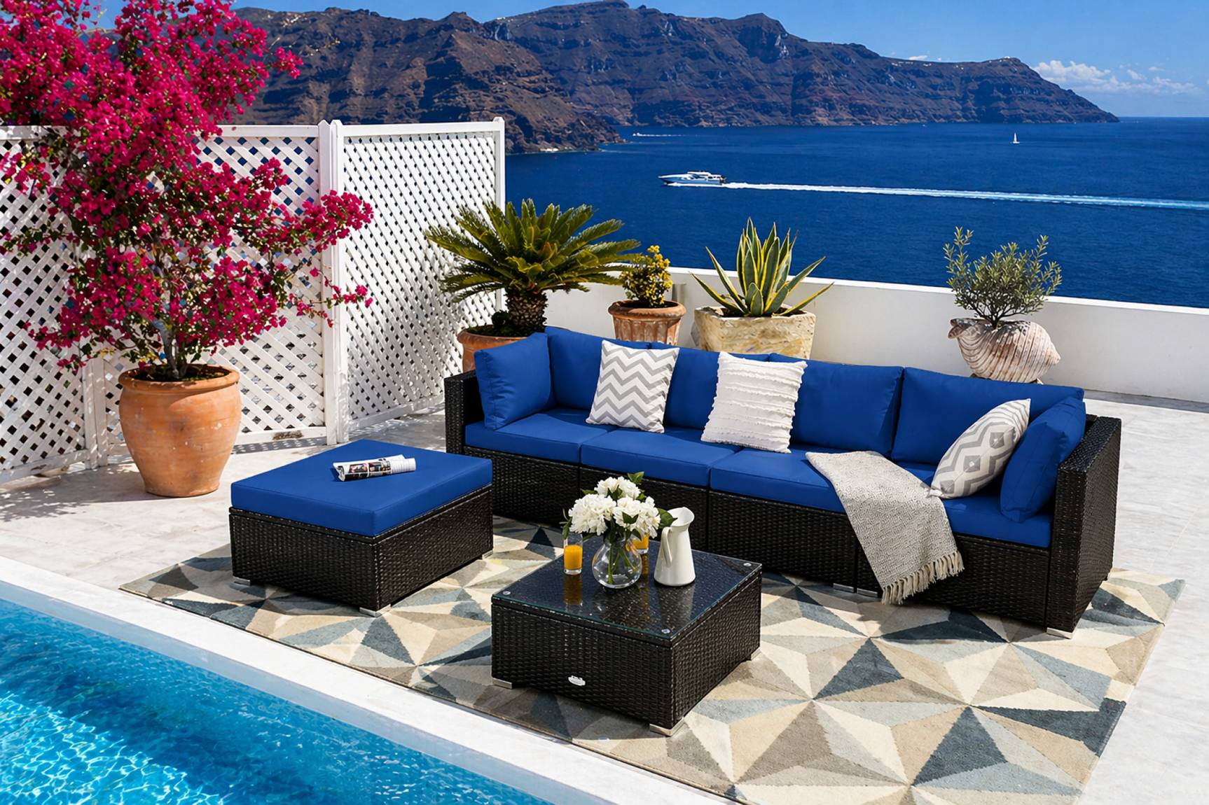 6 Pieces Outdoor Patio Rattan Furniture Set Sofa Ottoman