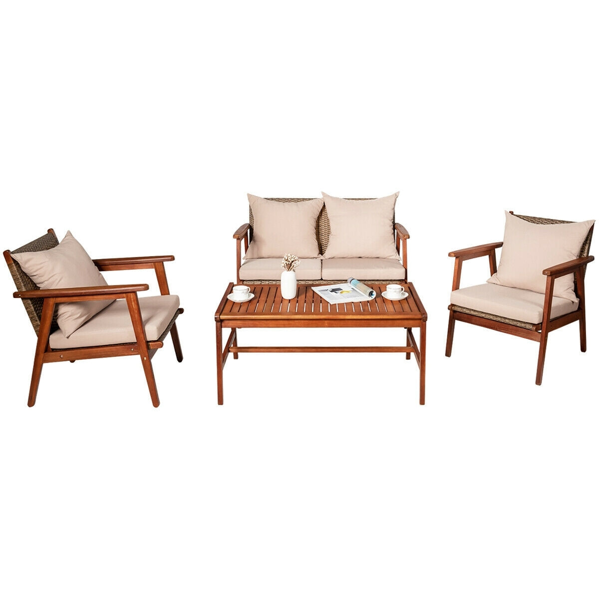 4 Piece Acacia Wood Patio Rattan Furniture Set
