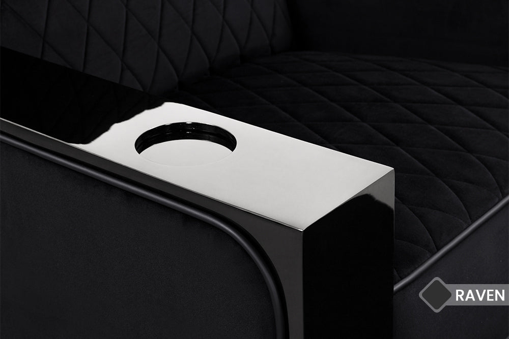 Carved Bespoke Cup Holder Close Up View of A Luxurious, Raven, Piano Black Wood Frame, Naples Prestige Italian Leather Chair.