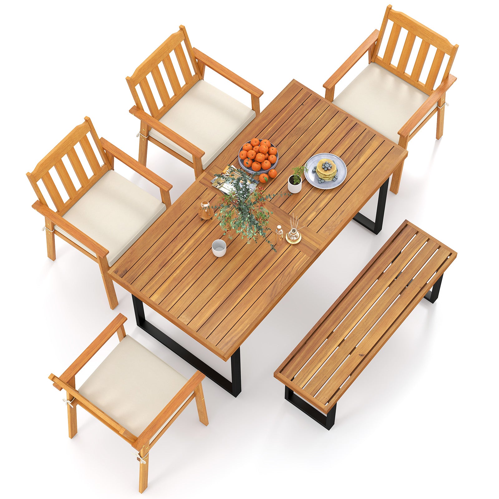 6 Pieces Patio Dining Table Set 63” Rectangle Table with 4 Acacia Wood Armchairs and Backless Bench