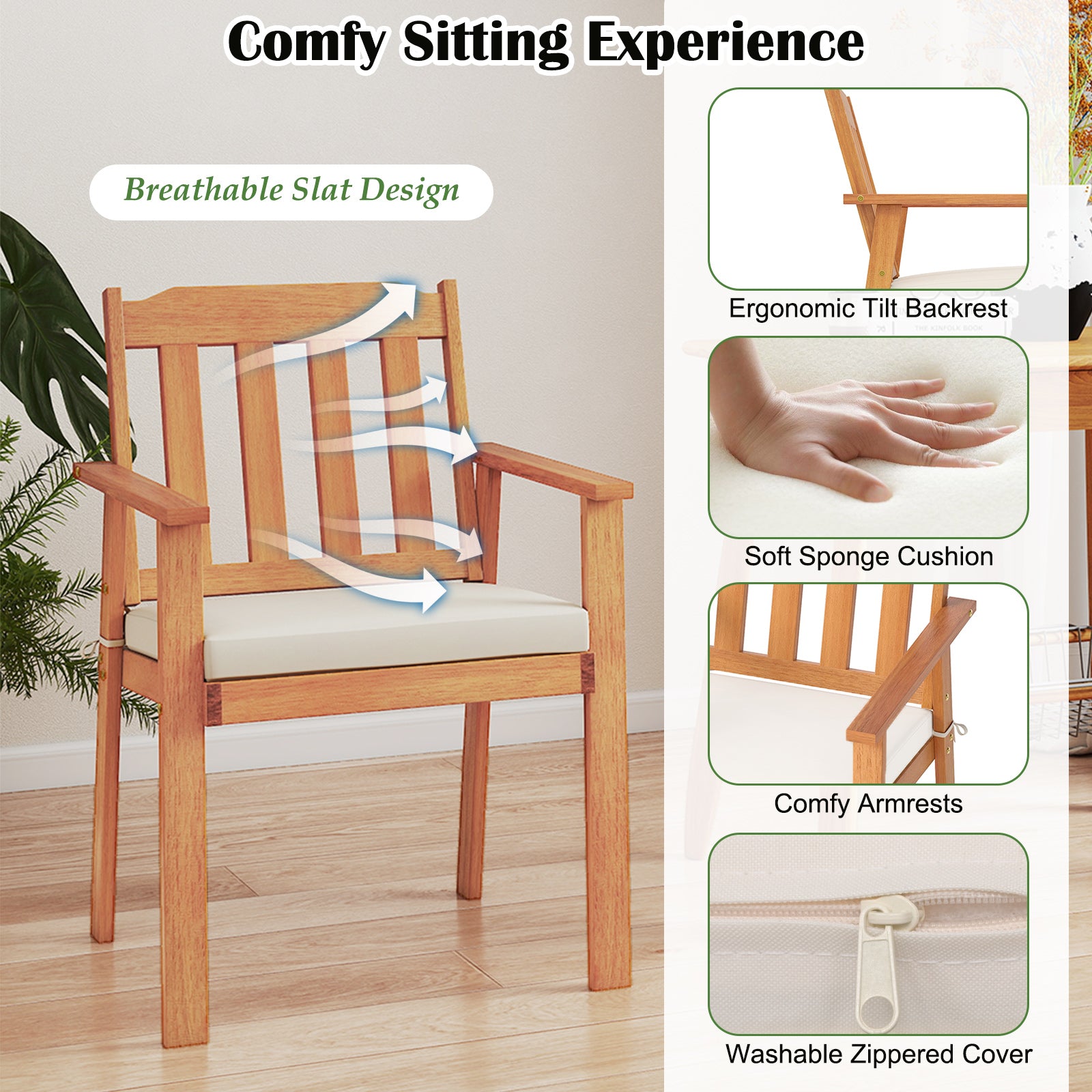 6 Pieces Patio Dining Table Set 63” Rectangle Table with 4 Acacia Wood Armchairs and Backless Bench