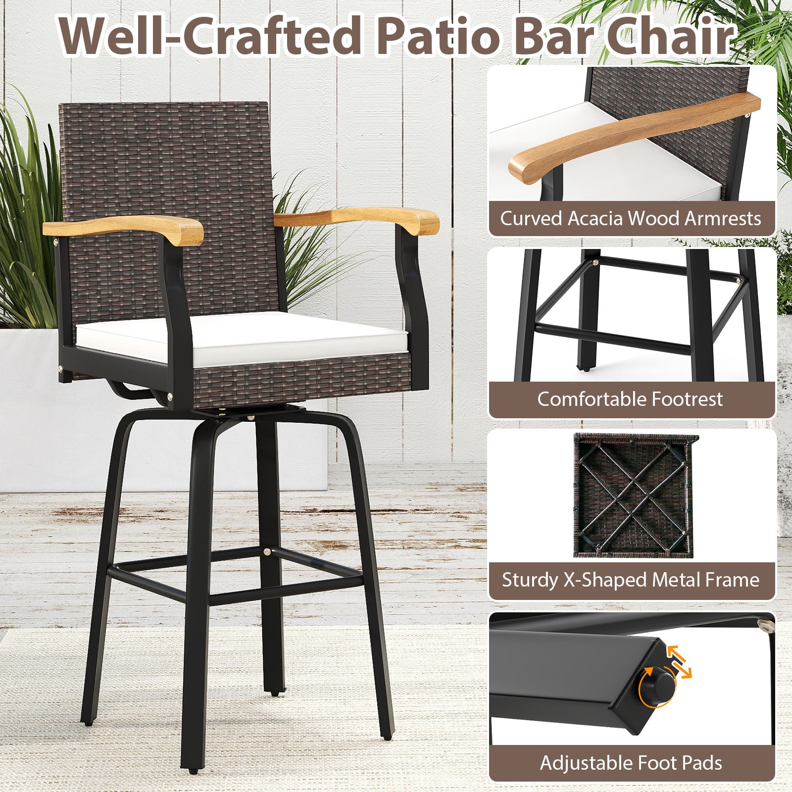 Set of 4 Outdoor 360° Swivel Bar Stool with Cushion and Acacia Wood Armrests