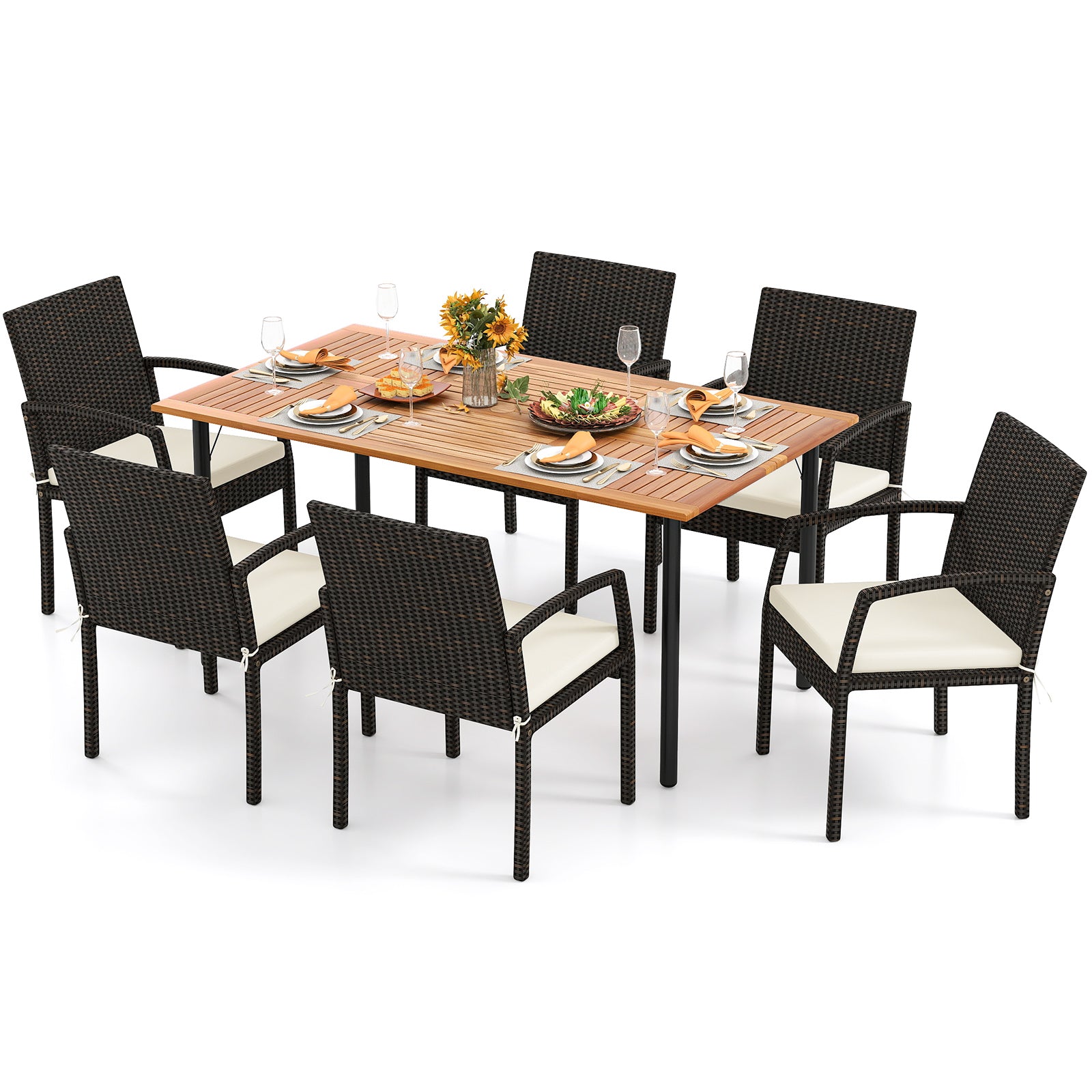 7 Pieces Outdoor Dining Set Acacia Wood Table with Umbrella Hole and Cushions
