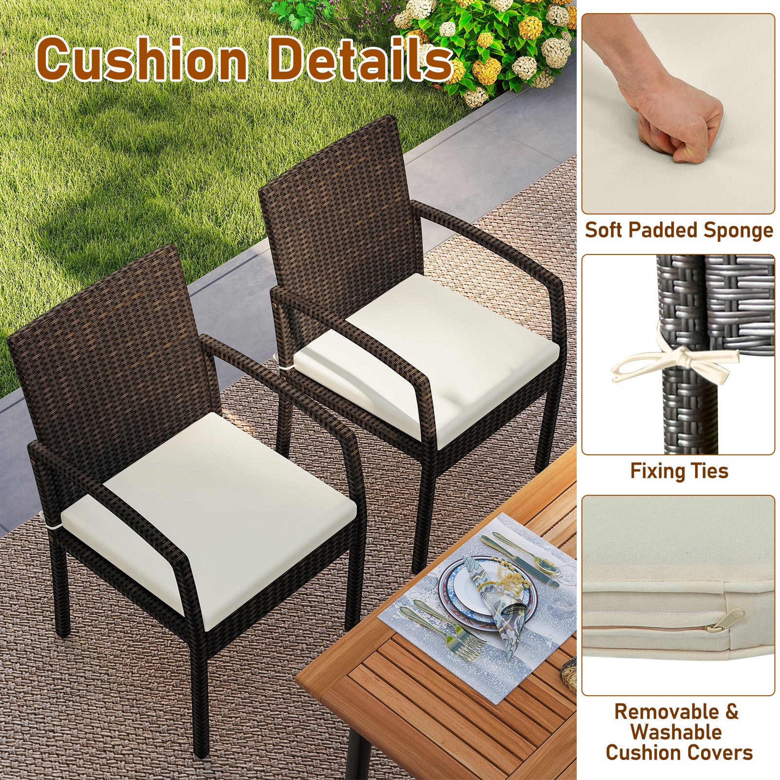 7 Pieces Outdoor Dining Set Acacia Wood Table with Umbrella Hole and Cushions