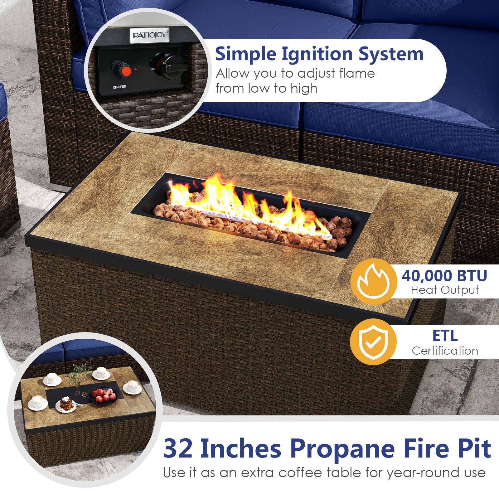 7 Pieces Outdoor Furniture Set with 32 Inch Fire Pit Table and Propane Tank Cover