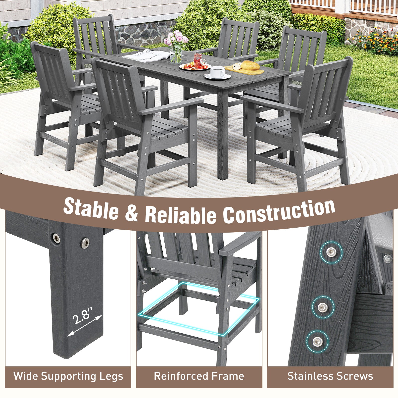 7 Pieces Patio Dining Set Outdoor HDPE Weather Resistant Table and Chairs Set