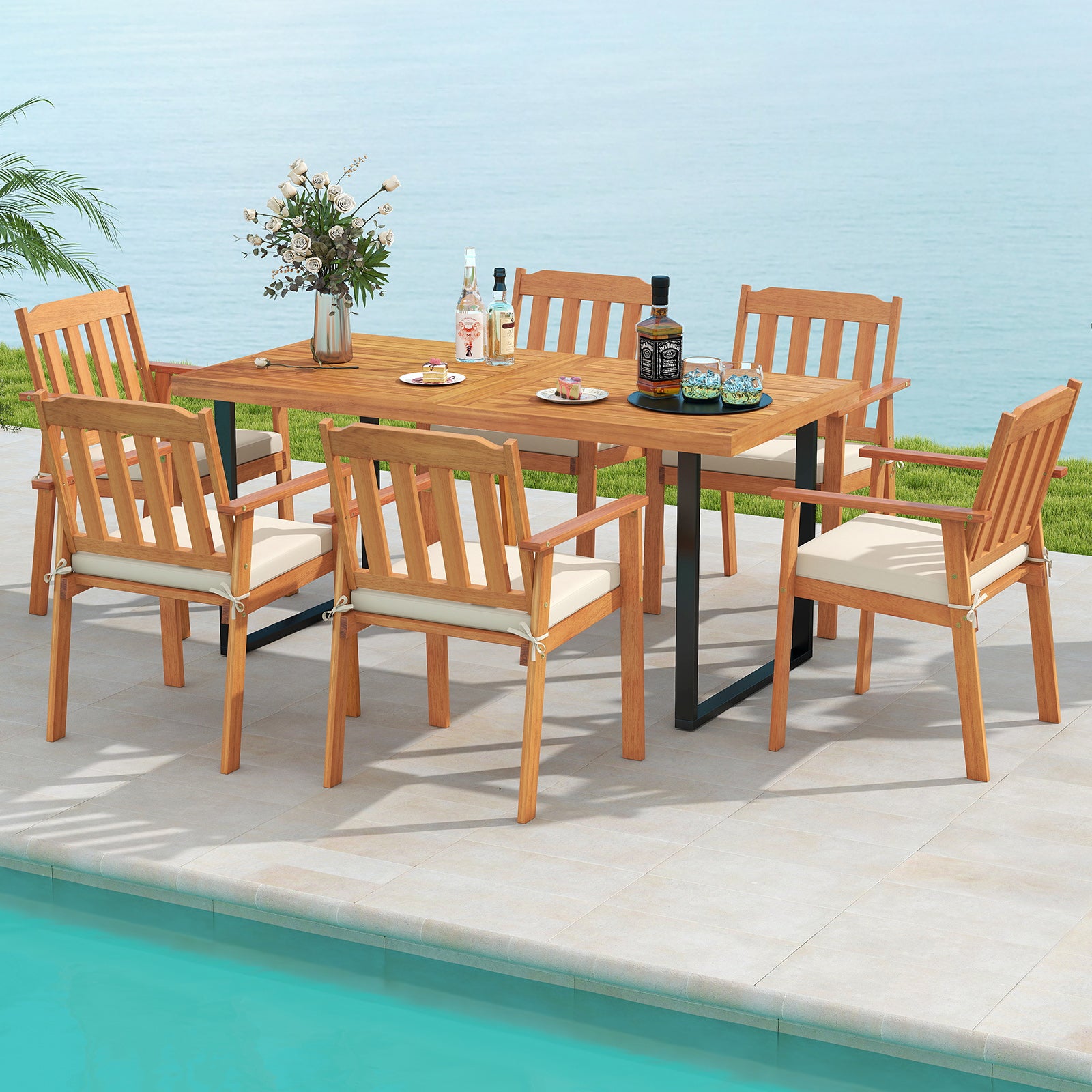 7 Pieces Patio Dining Table Set 63” Rectangle Table and 6 Acacia Wood Armchairs