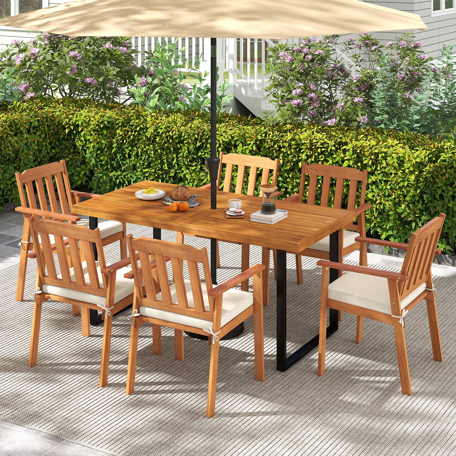 7 Pieces Patio Dining Table Set 63” Rectangle Table and 6 Acacia Wood Armchairs