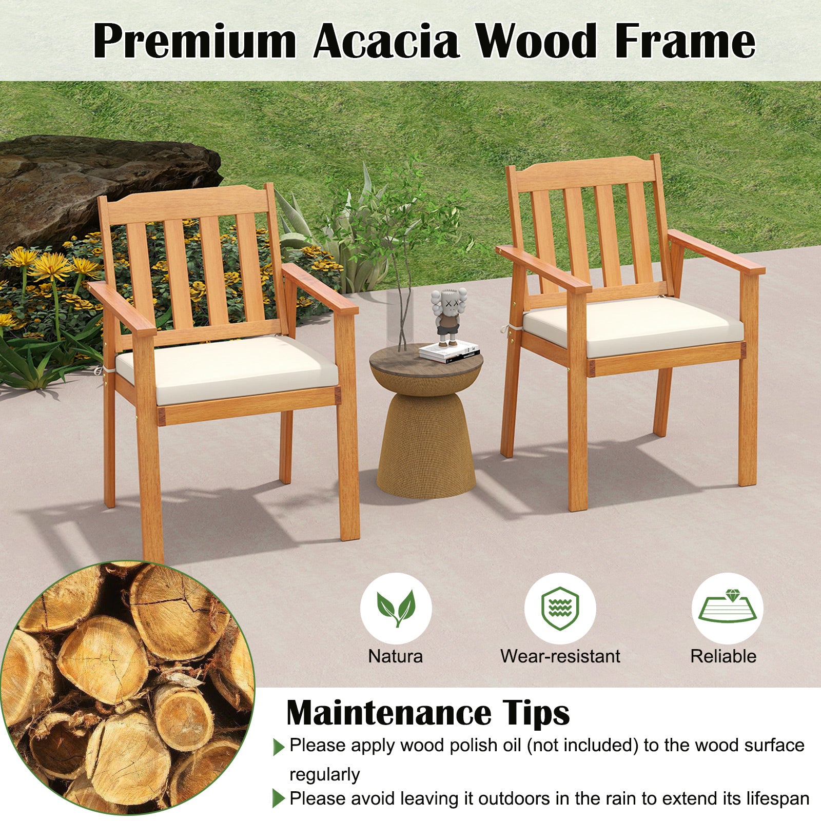 7 Pieces Patio Dining Table Set 63” Rectangle Table and 6 Acacia Wood Armchairs